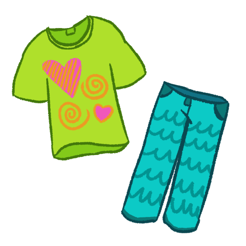 a light green tshirt with pink hearts and swirls, and a pair of cyan trousers with wave patterns